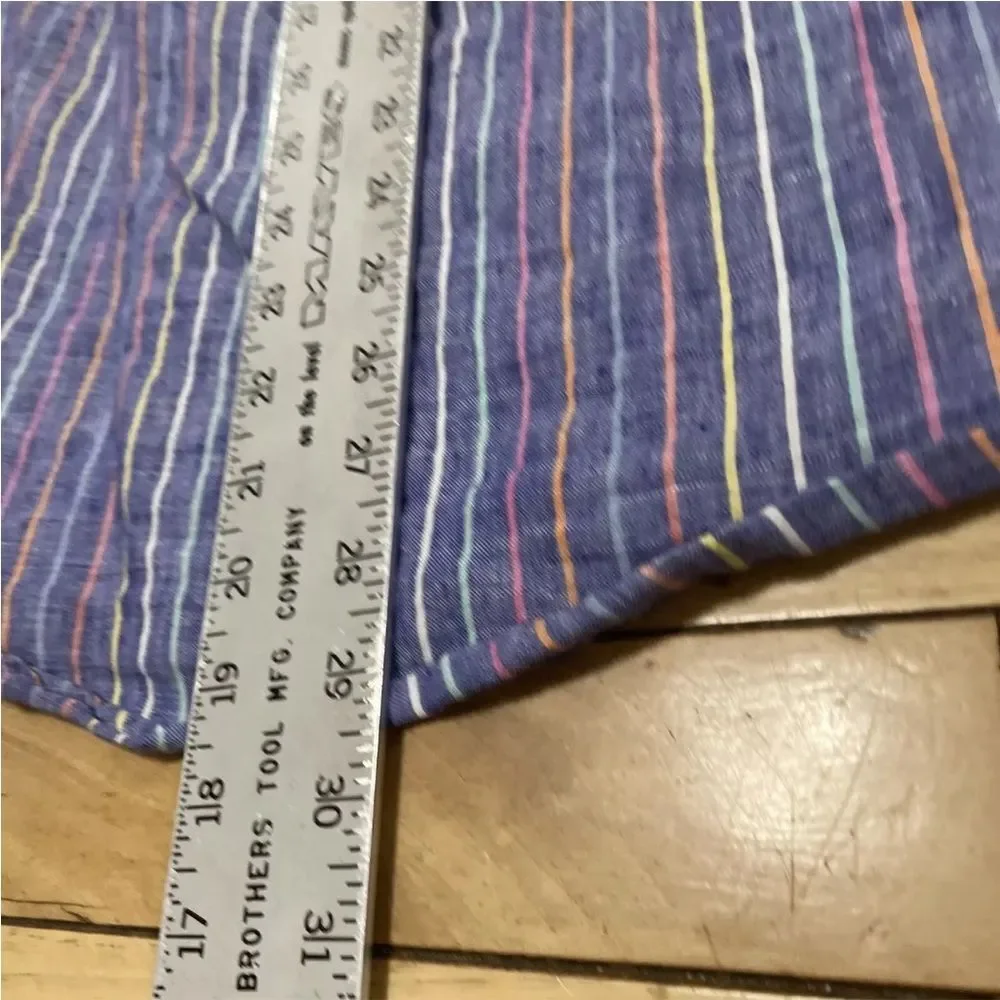 LANDS' END Linen Button Shirt Men L Traditional Fit Blue Vertical Stripe Rainbow